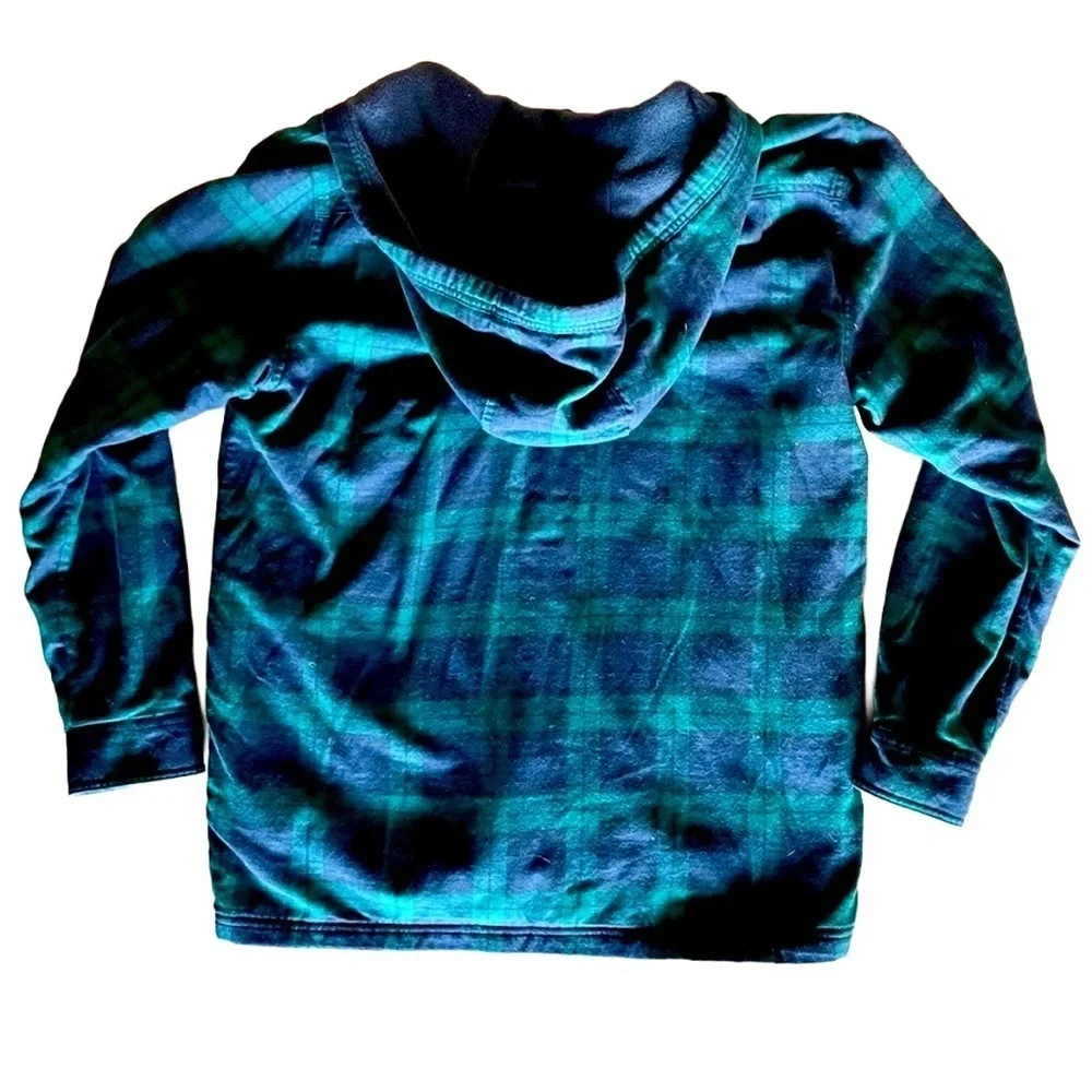L.L. Bean Green Blue Plaid Hooded Shirt Jacket Fleece Lined Men’s M
